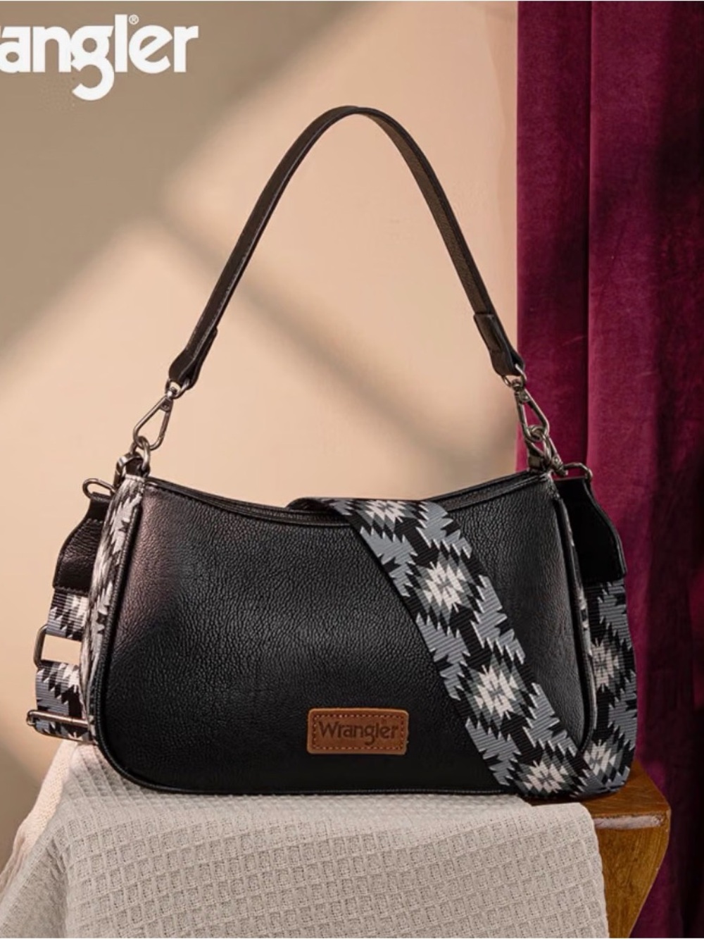 Wrangler Black Shoulder Bag with Patterned Strap